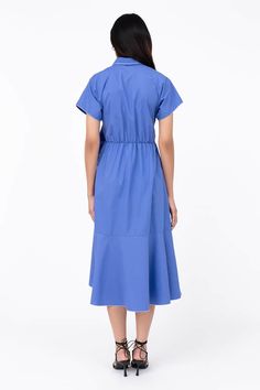 Azure blue cotton poplin dress with a half placket opening and scrunch detail at the side waist. - Aza Fashions Cotton Workwear Dress With Pleated Waist, Cotton Dresses With Gathered Waist And Short Sleeves, Spring Cotton Shirt Dress With Pleated Waist, Blue Cotton Midi Dress For Work, Blue Cotton Dresses For Work, Blue Cotton Dress For Work, Blue Dress With Gathered Waist And Short Sleeves, Collared Washed Blue Cotton Denim Dress, Blue Short Sleeve Dress With Gathered Waist