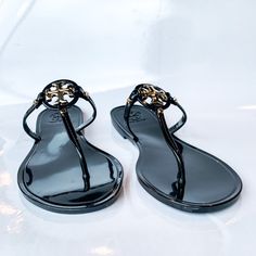 New Never Worn Elegant Adjustable Black Flip Flops, Elegant Black Flip Flops With Single Toe Strap, Black Tory Burch Sandals, Camel Sandals, Sequin Sandals, Stacked Heel Sandal, Miller Sandal, Tory Burch Sandals, Leather Thong Sandals