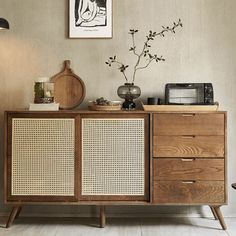 Cane Credenza with Drawers & Rattan Doors Dining Cabinet, Brown Kitchens, Solid Wood Sideboard, Wood Sideboard, Accent Cabinet, Side Cabinet, Buffet Table, Wood Accents, New Wall