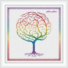 a cross stitch pattern with a rainbow colored tree