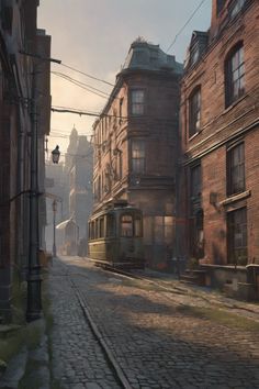 an old train is on the tracks in front of brick buildings and cobblestone streets