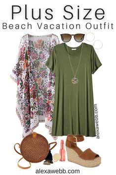 Plus Size Beach Vacation Outfits with a t-shirt dress, boho kimono, straw rattan crossbody, and platform espadrilles - Alexa Webb Plus Size Beach Vacation Outfits, Look Hippie Chic, Alexa Webb, Look Boho Chic, Plus Size Beach, Plus Size Summer Outfits, Beach Vacation Outfits, Look Plus Size, Platform Espadrilles