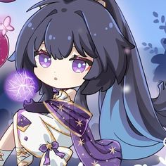 an anime character with long black hair and blue eyes, holding a purple ball in her hand