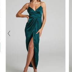 Brand New, Unworn, Unused, Tags Are Attached It Is A Showpo Satin Maxi Dress In Emerald Green. Sleek And Classy Maxi Featuring A V-Neckline, Bust Seam Gathering Detail, Fitted Waist Panel And A High-Low Tulip Skirt With Pleat Detail, This Incredible Dress Is Perfect For Any Special Events Invisible Zip And Hook-And-Eye On The Centre Back Fine Adjustable Straps Satin-Like Fabric Finish Partially Lined In Bodice Material & Care Made With 100% Polyester Wash With Similar Colours, Wash Inside Out, C Green Formal Dress With Surplice Neckline, Formal Green Dress With Surplice Neckline, Green Draped Prom Dress, Green Surplice Neckline Party Dress, Green Draped Satin Dress, Green Ruched Dinner Dress, Green Ruched Dress For Dinner, Green Satin Dinner Dress, Champagne Formal Dresses