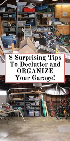 a garage filled with lots of clutter and storage space for bikes, tools and other things