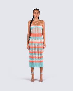 Derica Multi Open Knit Midi Dress – FINESSE Summer Knit Dresses With Spaghetti Straps, Knit Spaghetti Strap Summer Dress, Knit Spaghetti Straps Beach Dress, Striped Knit Dresses For The Beach, Striped Knit Beach Dresses, Sweater Mini Dress, Mini Sweater Dress, Blue Sweater, Knit Midi