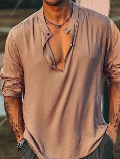 Brown Casual Collar Long Sleeve Fabric Plain Top Embellished Slight Stretch  Men Clothing Steve Aesthetic, Beach Hippie, Moda Hippie, Hippie Shirt, Womens Dress Suits, Cool Outfits For Men, Blue Khakis, Chino Jeans, Henley Shirt