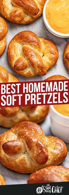 breads and dips with the words best homemade soft pretzels on them