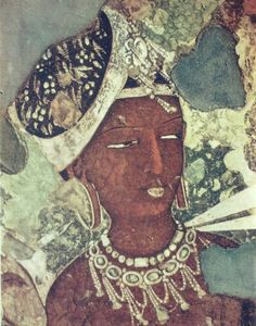 an old painting of a woman wearing a headdress