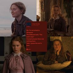 several pictures of women in period costumes and words on the same page, including an image of a woman with long red hair