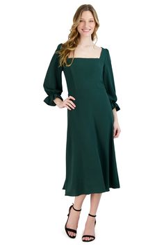 This gorgeous square neck dress captures a soft and elegant look that's perfect for any special occasion. Created from wash linen fabric, this dress is styled with long sleeves with bell-shaped cuffs, a back tie string closure, concealed back zip closures with smock detailing, and an A-line skirt for a fit and flare silhouette. Square Neck Midi Dress, Tier Dress, Aline Dress, Green Midi Dress, Tiered Dress, Chiffon Fabric, A Line Skirt