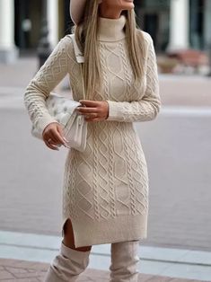 Loose Knit Dress, Cotton Knitting, Long Sleeve Turtleneck Dress, Knitted Jumper Dress, Split Hem Dress, Cable Knit Sweater Dress, Vogue Knitting, Winter Chic