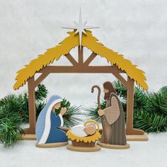 Nativity wood set with manger, Mary, Joseph, and baby Jesus Christmas Jesus Decoration, Christmas Stable Nativity Diy, Diy Manger Stable, Nativity Scene Decor Ideas, Manger Scenes Nativity Diy, Paper Nativity Scene, Simple Nativity Scene, Manger Scenes Nativity, Baby Jesus Craft