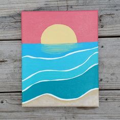 a painting that is on the side of a wooden board with water and sun in it