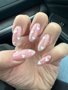 Nails With Hearts Acrylic, Light Pink Heart Nails, Light Pink And White Nails, Hearts Acrylic Nails, Nails White Heart, White Heart Nails, Nails With Hearts, Almond Nails Pink