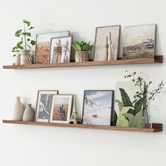 two wooden shelves with pictures and plants on them