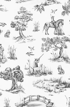 a black and white drawing of animals in the wild with trees, bushes, and birds