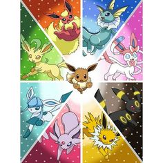 the pokemons are all different colors in this photo, and there is an image of them