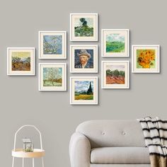 a living room filled with lots of pictures on the wall and a chair in front of it