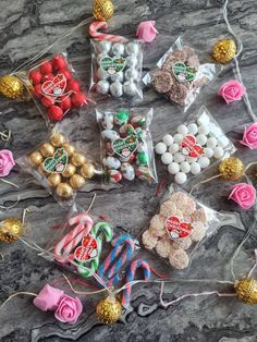 candy and candies are laid out on the table