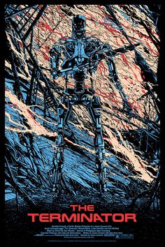 the terminator movie poster with an image of a robot standing in front of a fire