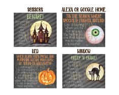 four halloween cards with the words beware, beware, beware and beware