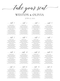 the wedding seating chart is shown in black and white, with calligraphy on it