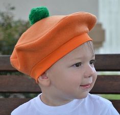 Pumpkin Hat for Kids Great to top off the top of a Pumpkin Halloween Costume or a fun hat for outer wear. Orange Festive French Beret with Green Pompom for kids of all ages . This hat is made from orange fleece making it very soft for little ones. The band is stretchy for a comfortable and easy fit. This hat is available in the following sizes: X Small - 0-3 months Small - 4 months to 24 months Medium - 2T-3T months Large - 4 - 9 years If you need a larger size beret, just send me the head circu Pom Pom Halloween, Artist Hat, Pink Beret, French Beret Hat, Pumpkin Halloween Costume, Orange Fleece, Fun Hat, Baby Winter Hats, Red Costume