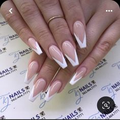 White French Nail Designs Coffin, Nail Designs Triangle French Tip, Nails With White Tips Coffin, French Tips Pointy, White Tip Coffin Acrylic Nails, Coffin White French Tip Nails, Medium Coffin French Tip Nails, Coffin French Tip Nails With Design, Long Coffin French Tip Nails