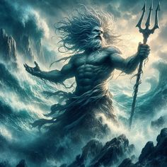 a man with long hair holding a spear in his hand while standing on top of a wave