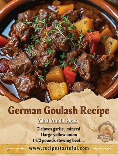 a poster advertising german goulash recipe with beef and potatoes in a brown bowl