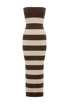 The Theo Dress has a strapless silhouette thats both elegant and timeless. It's patterned with classic chocolate and cream stripes and is designed for a close, figure-hugging fit. Strapless style Elasticated bust Strapless bra friendly Over the head entry Chocolate and cream stripe knit Material: 92% Viscose 8% Elastane Made in China Fashion Png, Uzun Boy, Fashion Garments, Chill Fits, Winter Capsule Wardrobe, Chocolate Cream, Denim Flares, Strapless Bra, Striped Knit