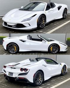 three different views of a white sports car