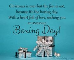 a blue background with presents and a christmas card that says,'boxing day '