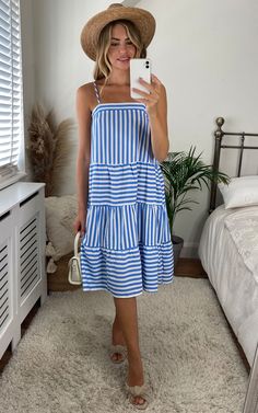 Beautiful blue and white mixed stripe strappy midi dress, perfect day dress for summer, holidays, garden party, bbq, night out or just casual drinks with friends    adjustable shoulder strap  pockets  day dress. Lounge, Summer, Staycation, Square Neck Dresses, Garden Party, Pockets, Striped, Flowy, Sleeveless, Midi, Shift, Smock, Strappy, 3/4 Length Blue Stripes Outfit, Ellie Jean, Blue And White Outfits, Summer Dress Blue, Style Roots, Bbq Night, White Summer Outfits, Stripe Midi Dress, Flower Stone