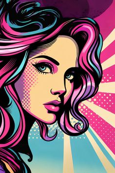 a woman with pink hair and blue eyes is shown in this pop art style poster