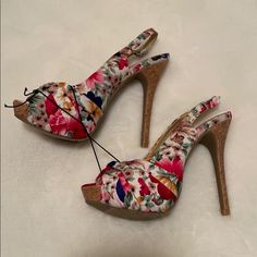 Nwt Floral Peep Toe Cork Heels! Forgot I Had These And Now They Don’t Fit. They’d Be Perfect With A Summer Dress Or Cuffed Jeans And A Tank! They Didn’t Come With A Box, But I’ll Pack Them Well For Shipping. Pink Stiletto Heels, Strappy Platform Heels, Pink Stilettos, Black Chunky Heels, Cork Heels, Ankle Strap High Heels, Pumps Heels Stilettos, Cuffed Jeans, Leather Heels Sandals