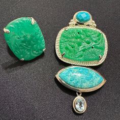 Lovely Amy Kahn Russell (Akr) Sterling Carved Jade/Turquoise/Topaz Brooch/Pendant Sterling Carved Jade Ring Ring Size: Approx. 11 Pre-Loved Willing To Sell Separately. Turquoise Brooch For Formal Occasions, Sterling Silver Green Brooch, Green Sterling Silver Brooch Jewelry, Green Sterling Silver Brooch, Carved Jade, Jade Ring, Jade Carving, Topaz Ring, Ring Ring