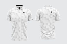 the front and back view of a white polo shirt with hexagons on it