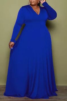 Deep Blue Casual Elegant Solid Split Joint V Neck A Line Plus Size Dresses Gowns For Plus Size Women, Plus Size Fall Outfit, Big Girl Fashion, Stylish Plus, Collar Designs, Maxi Dresses Casual, Green Fashion, Fall Outfit, Blue Fashion