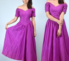 "Vintage 80s party dress in bright fuchsia with an off-shoulder fit and flare silhouette, sweetheart neckline, and large bow at back. ✈ Measurements ✈ * Taken from SEAM to SEAM with garment lying flat *  Bust * 15.5\" Sleeve * 3.75\" Waist * 13\" Hips * Free Size Length * 42.25\" (centre front dip to bottom hem) ✈ Specifics ✈ Label: -- Tagged Size: -- Approx. Fit: XS Color: Fuchsia (Pink-Purple mix) Material: -- (brocade-like, heavier weight with a shiny pattern) Condition: Great Vintage Condition ✈ Features ✈ * Off the shoulder sweetheart neckline * Gathered short sleeves * Fitted bodice with 4 strips of boning (2 front, 2 back) * V-shape waistline * Gathering below waistline * Full skirt  * Back zip entry * Large bow with long tails at upper back (sewn at one end, metal snap fastener at 80s Prom Dress Vintage, 80’s Prom Dress, 1980s Prom Dress, 80's Prom, White Lace Robe, 1980s Prom, Bridal Dressing Gown, 80s Party Dress, Banquet Ideas