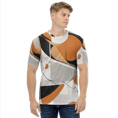 Introducing "Geometric Whispers," a full wrap-around shirt that speaks volumes in the language of abstract art. With a design that features a captivating interplay of geometric shapes and fluid lines in a palette of soft creams, bold blacks, and warm oranges, this shirt is a statement piece that embodies both artistry and comfort. Crafted with an exceptional blend of 95% premium polyester and 5% elastane, this shirt promises not only a comfortable stretch that moves with you but also a durable fabric composition that stands the test of time and wear. The mid-weight jersey knit feels luxurious against the skin, while the four-way stretch fabric ensures perfect recovery on both the cross and lengthwise grains, keeping your look sharp throughout the day. Designed for the modern aesthete, this Modern Patterned Short Sleeve Tops, Modern Short Sleeve Tops With Geometric Pattern, Modern Summer Tops With Abstract Print, Modern Multicolor Graphic Print Shirt, Bold Black, Art Abstrait, Workout Tee, Wrap Around, Geometric Shapes