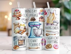 three coffee mugs with different types of baking related items on them