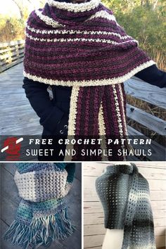 three different pictures with the text free crochet pattern sweet and simple shawls