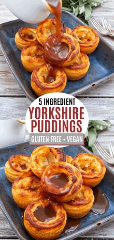 the cover of 5 ingredient yorkshire puddings with chocolate sauce being poured over them on blue plates