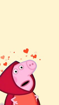 peppa pig with hearts flying in the air and looking at something on his chest