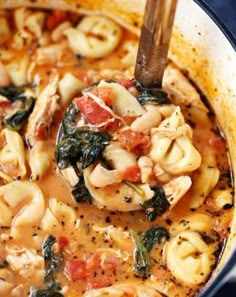 a ladle full of pasta and spinach soup