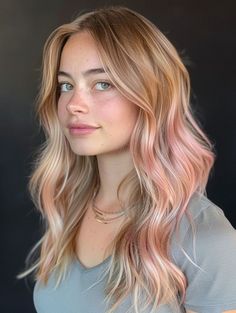 Blonde Highlights With Rose Gold, Peach Balayage Hair, Blond And Rose Gold Hair, Rose Gold Toner Hair, Rose Gold Highlights Blonde, Blonde Balayage With Pink, Ponytail Braided Hairstyles, Stitch Braid Ponytail, Subtle Pink Highlights