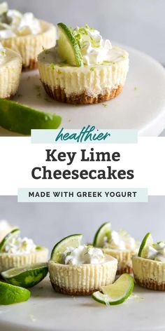 key lime cheesecakes on a plate with cucumber slices and mint garnish