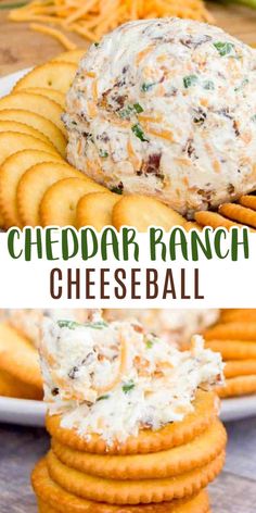 cheddar ranch cheese ball on top of crackers with the text overlay